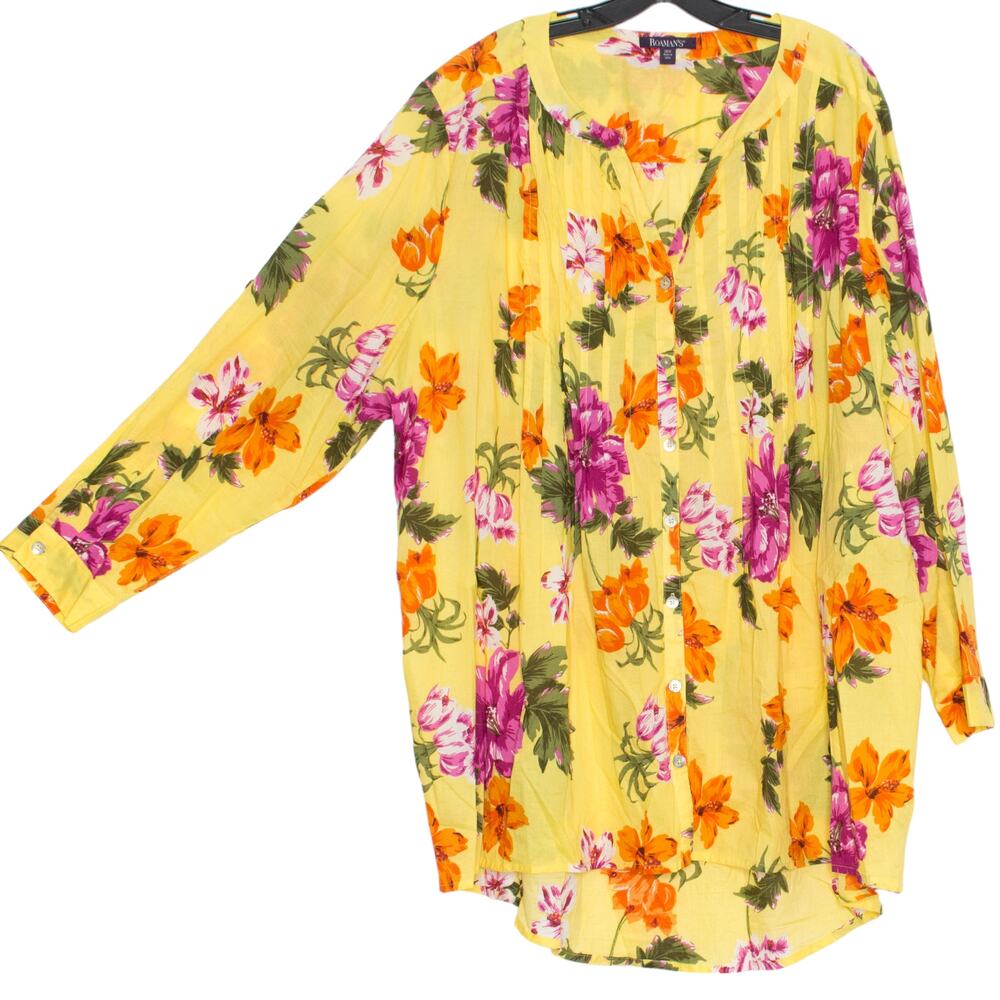 Roamans Top Floral Cottage Boho Romantic Spring Button Up Yellow Plus Size 28W